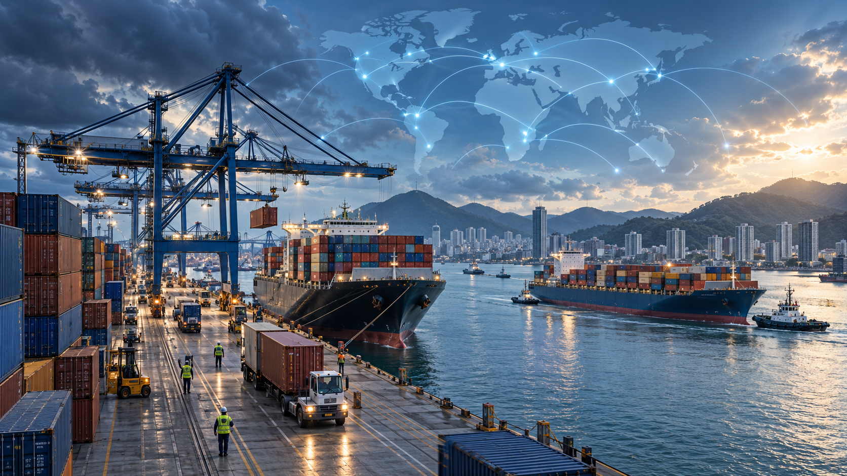 Porto movimentado com navios porta-contêineres, guindastes e mapa mundial com rotas do comércio internacional