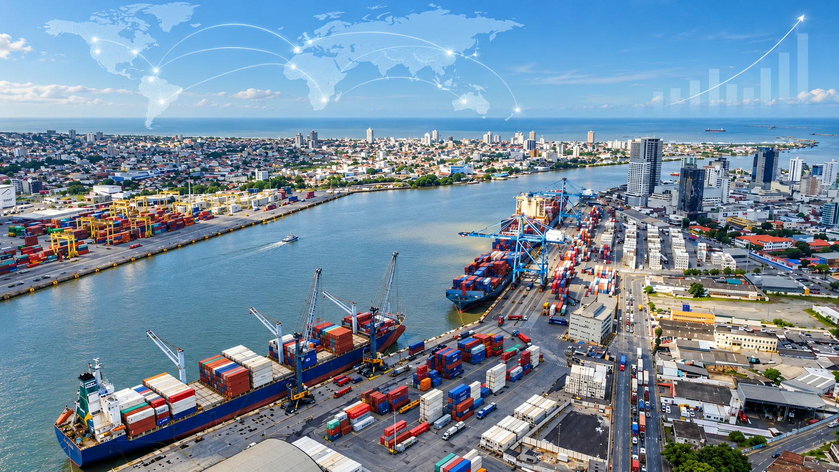 Vista aérea de cidade portuária com contêineres, navio cargueiro e mapa mundial ilustrando rotas globais de comércio exterior
