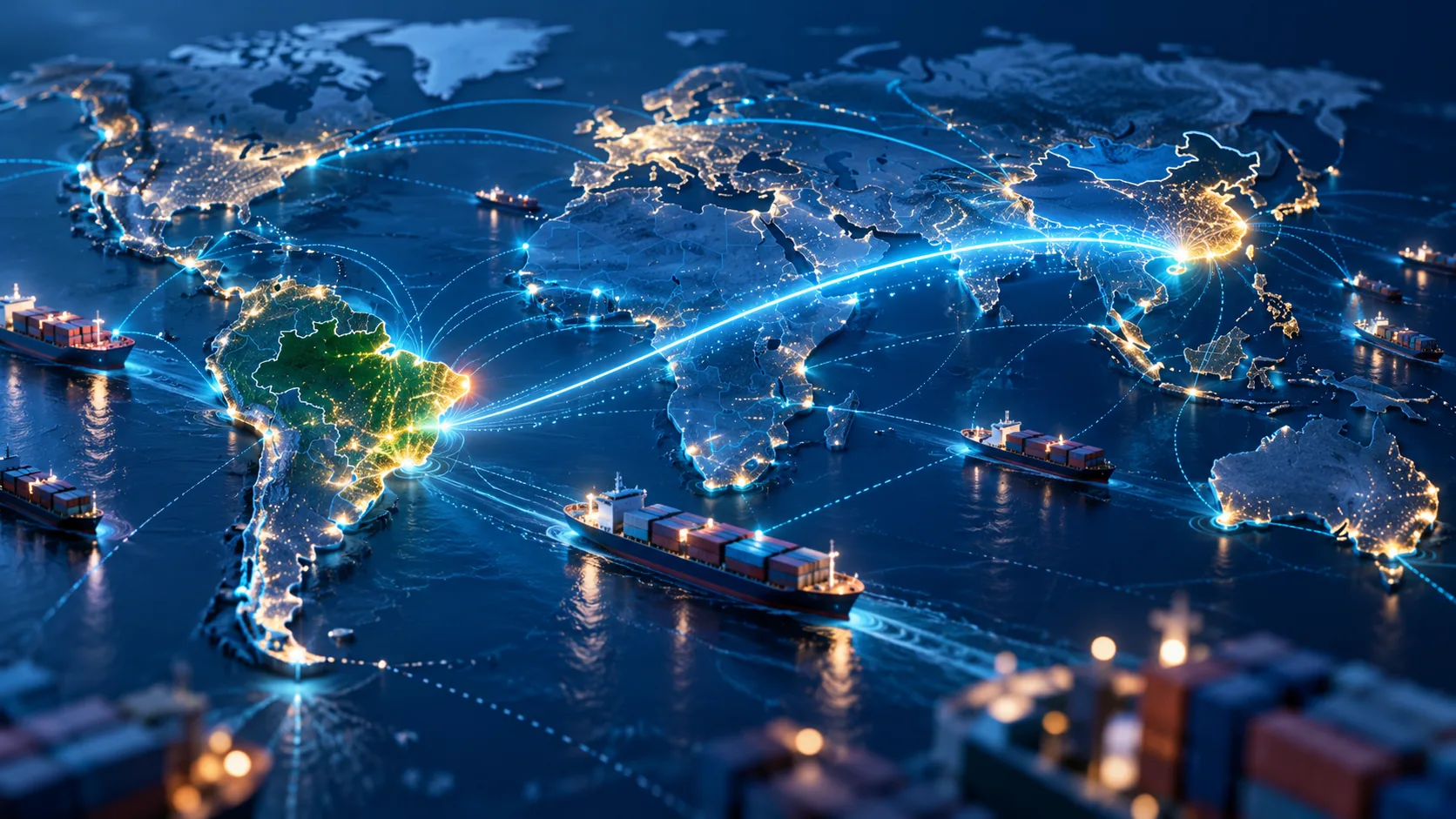 Mapa-múndi com Brasil e China conectados por rotas marítimas de comércio internacional