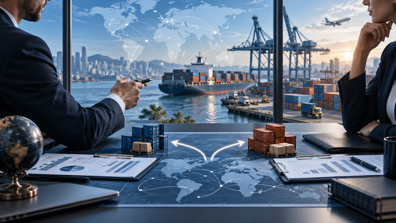Executivos analisando rotas globais de importação com mapa mundial, contêineres e navio cargueiro ao fundo