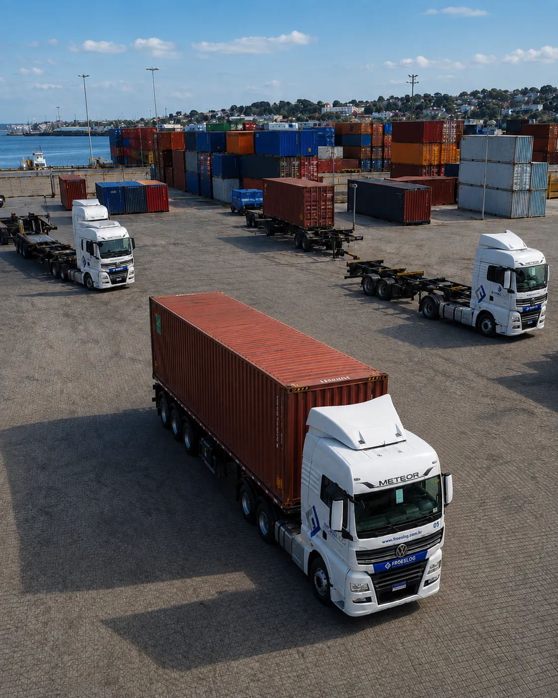 Caminhões FRÓESLOG com contêineres em pátio de terminal portuário