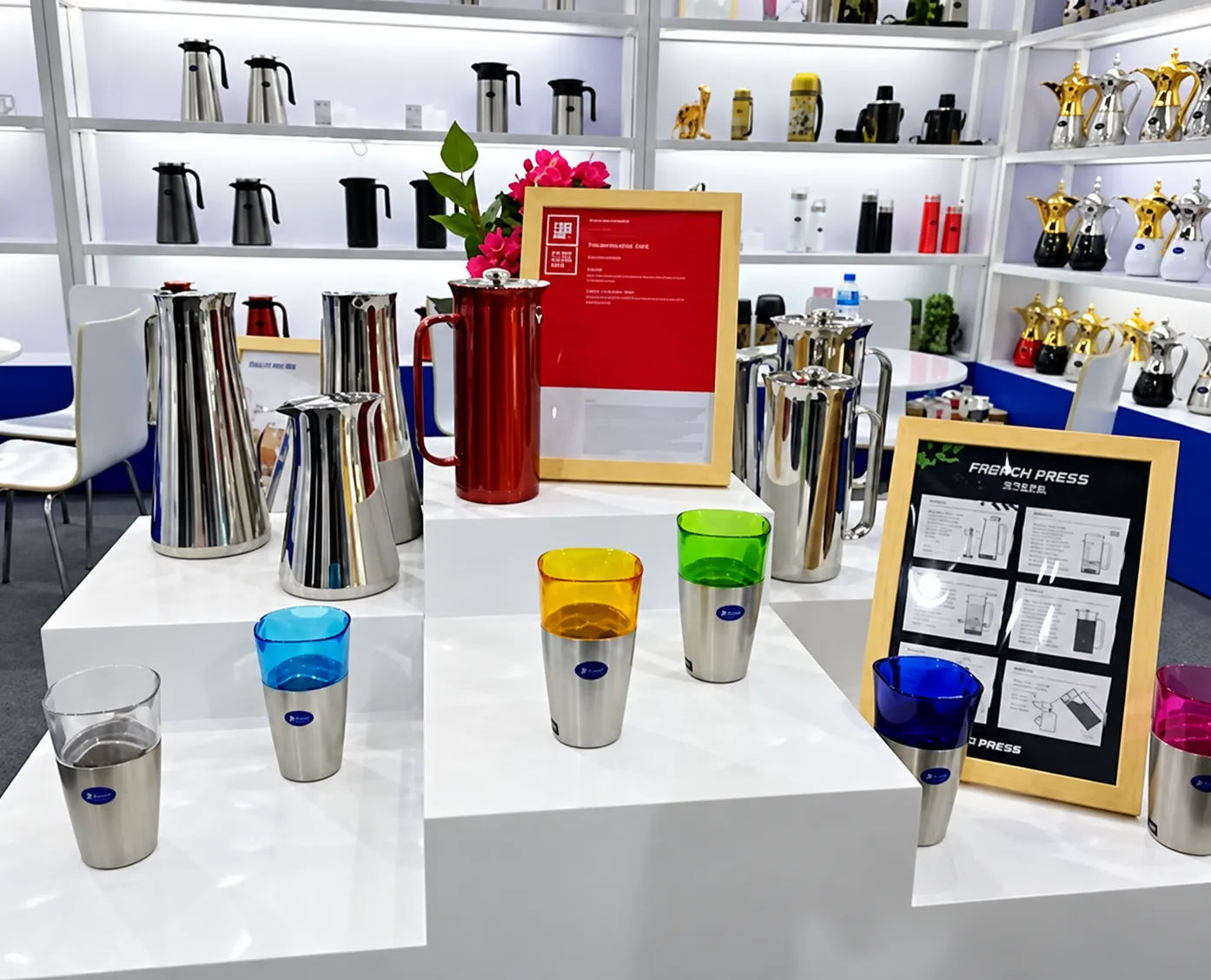 Estande com garrafas térmicas, prensas francesas e copos de aço inox expostos