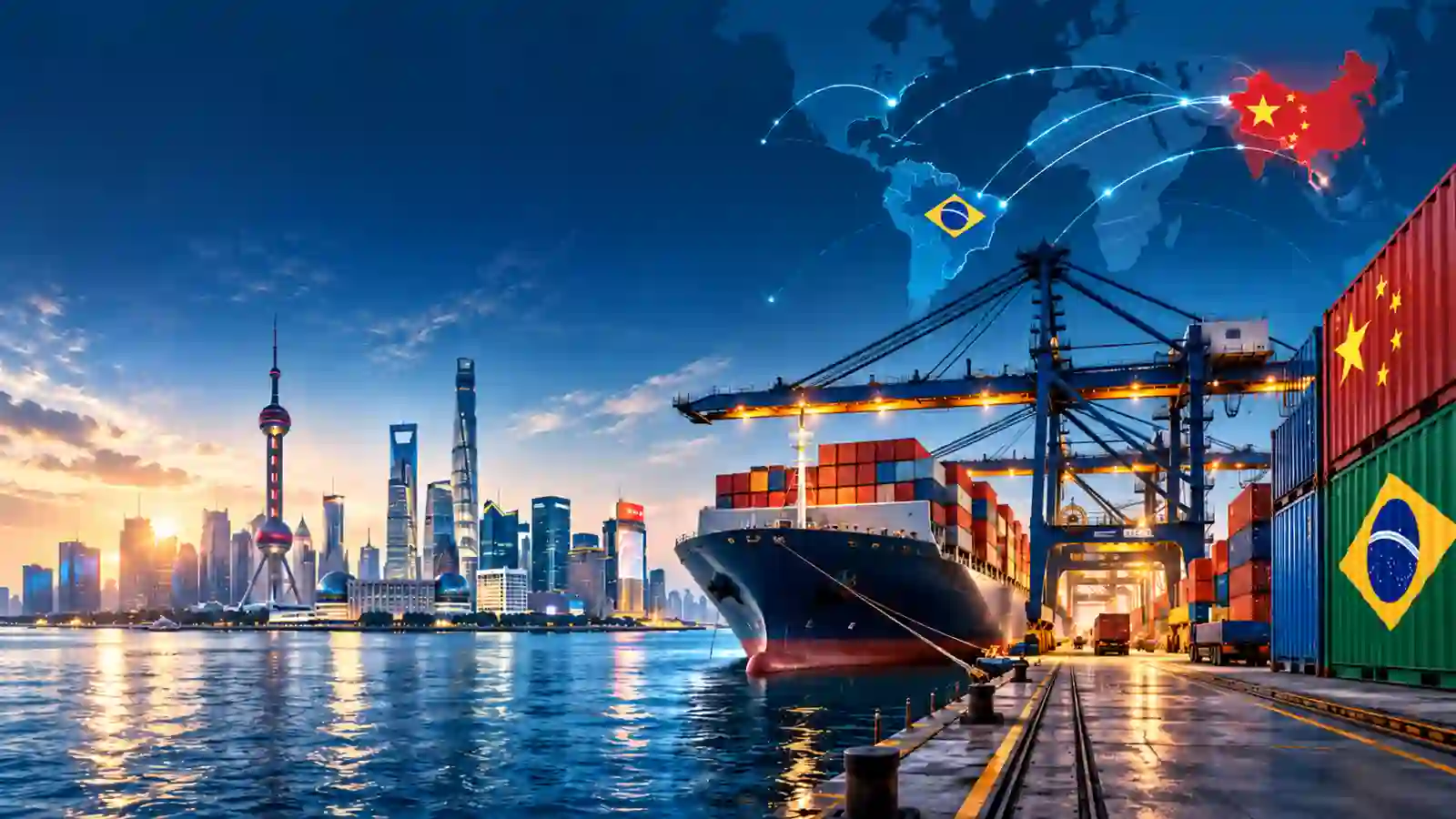 Como importar da China: porto com navio cargueiro, contêineres com bandeiras do Brasil e da China e rotas comerciais entre os dois países