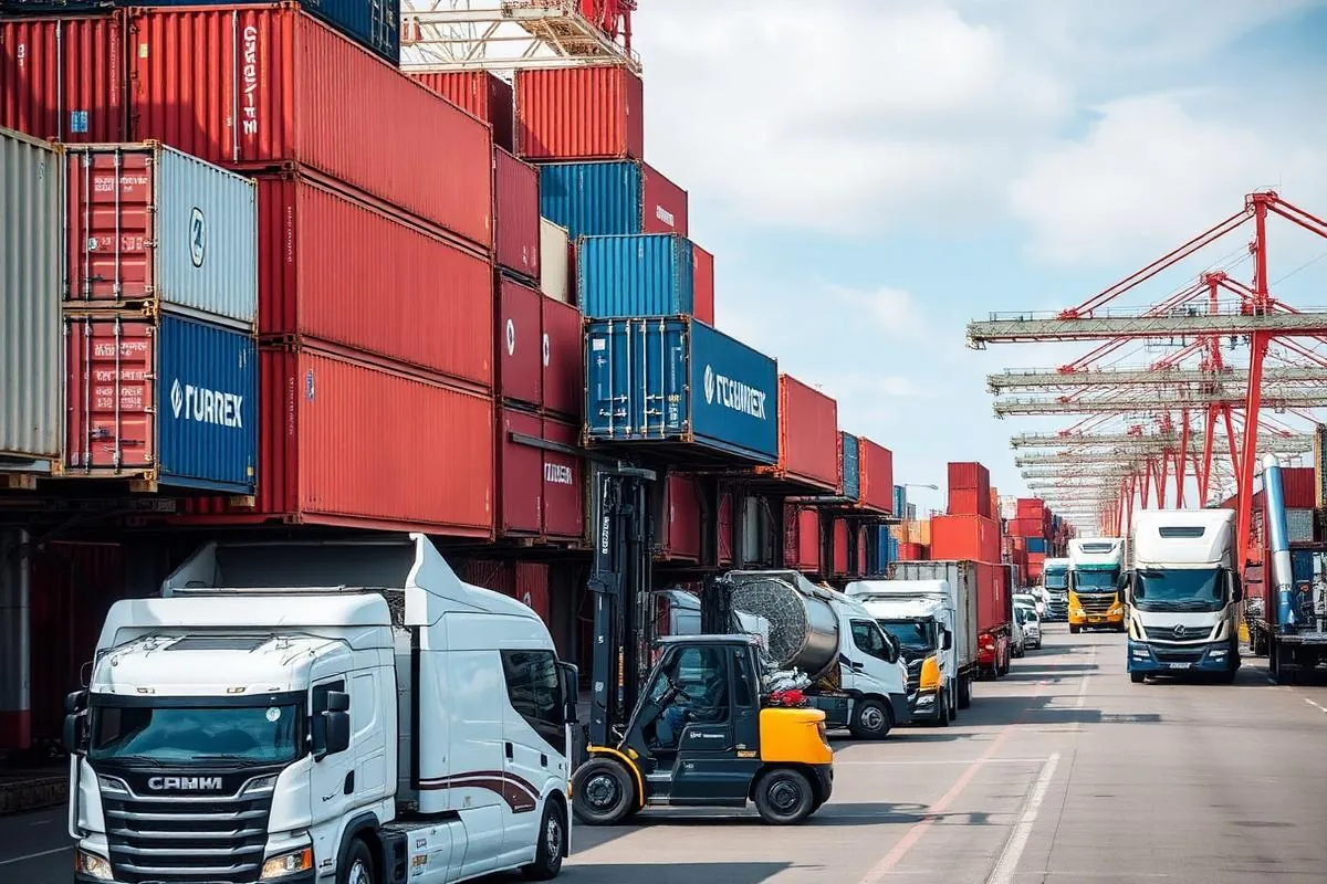 Operação logística com containers e caminhões no porto