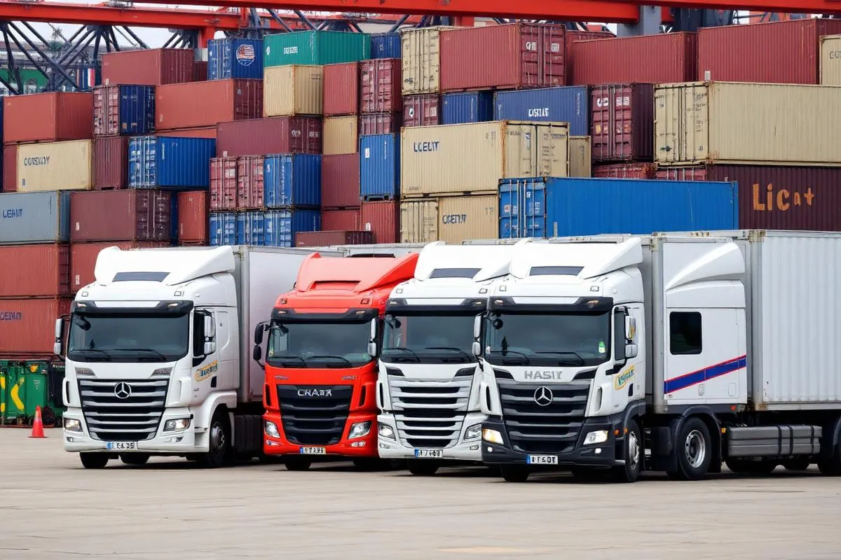 Operação logística com caminhões e containers no porto