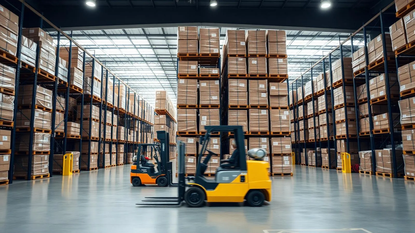Interior de armazém logístico com pallets organizados em porta-pallets e empilhadeira em operação