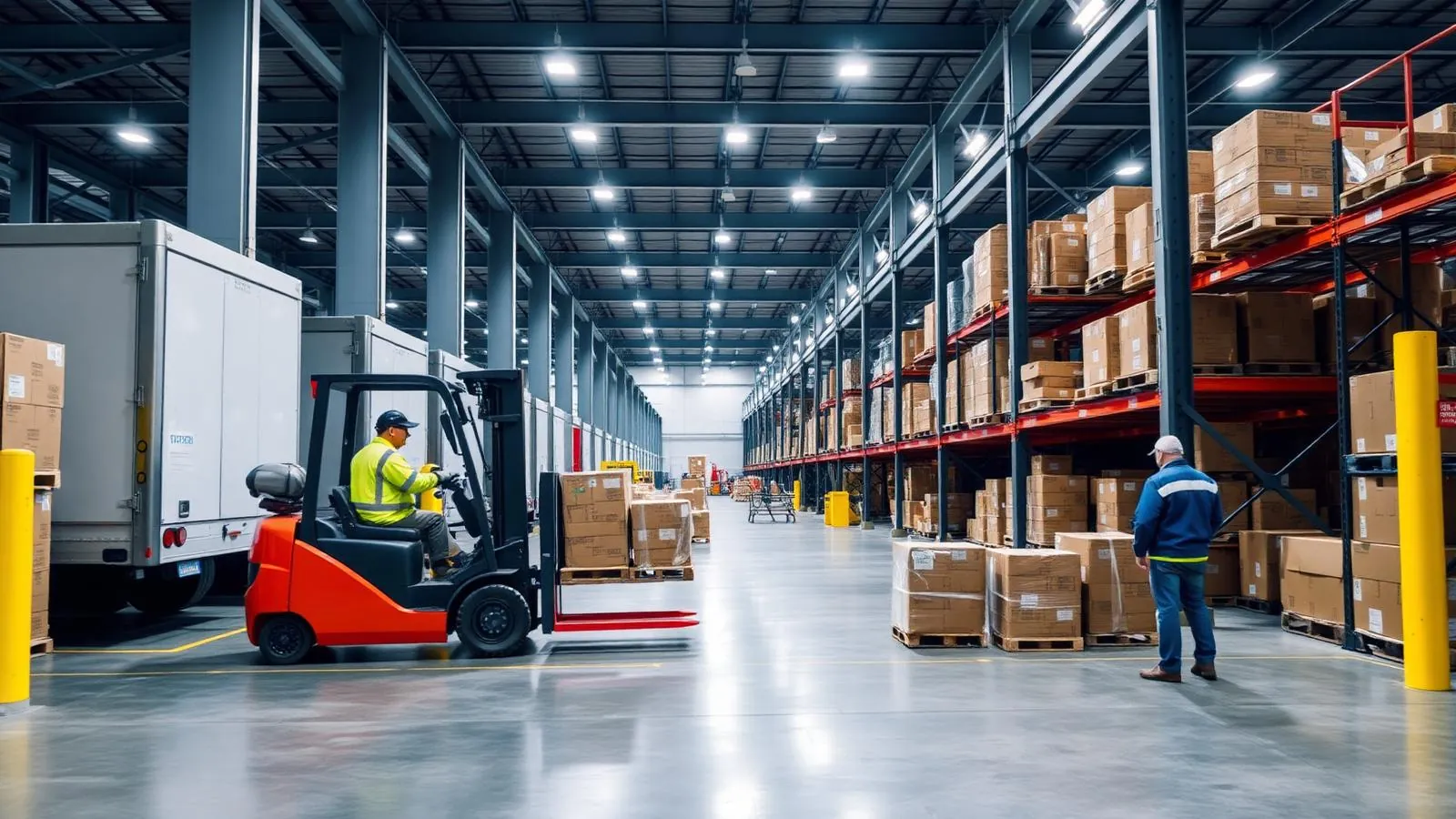 Centro logístico com movimentação de pallets e caixas entre docas de recebimento e expedição