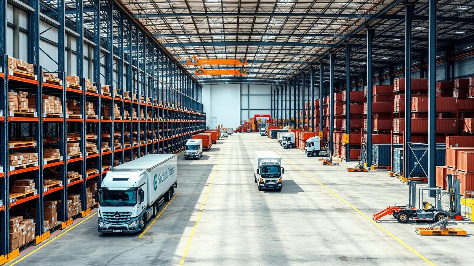 Centro logístico integrado com armazenagem, caminhões e contêineres em operação